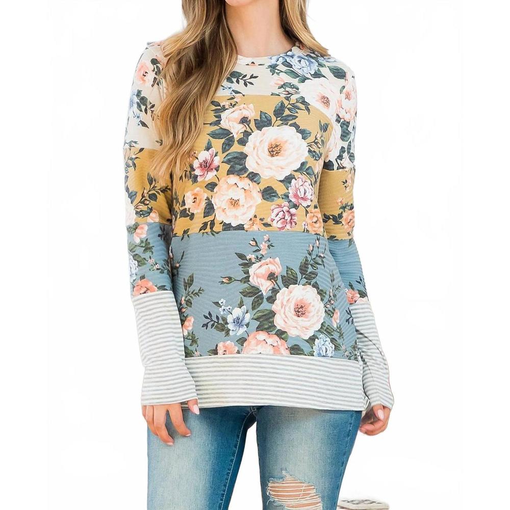 NEW PERFECT PEACH color block rib floral top in grey
